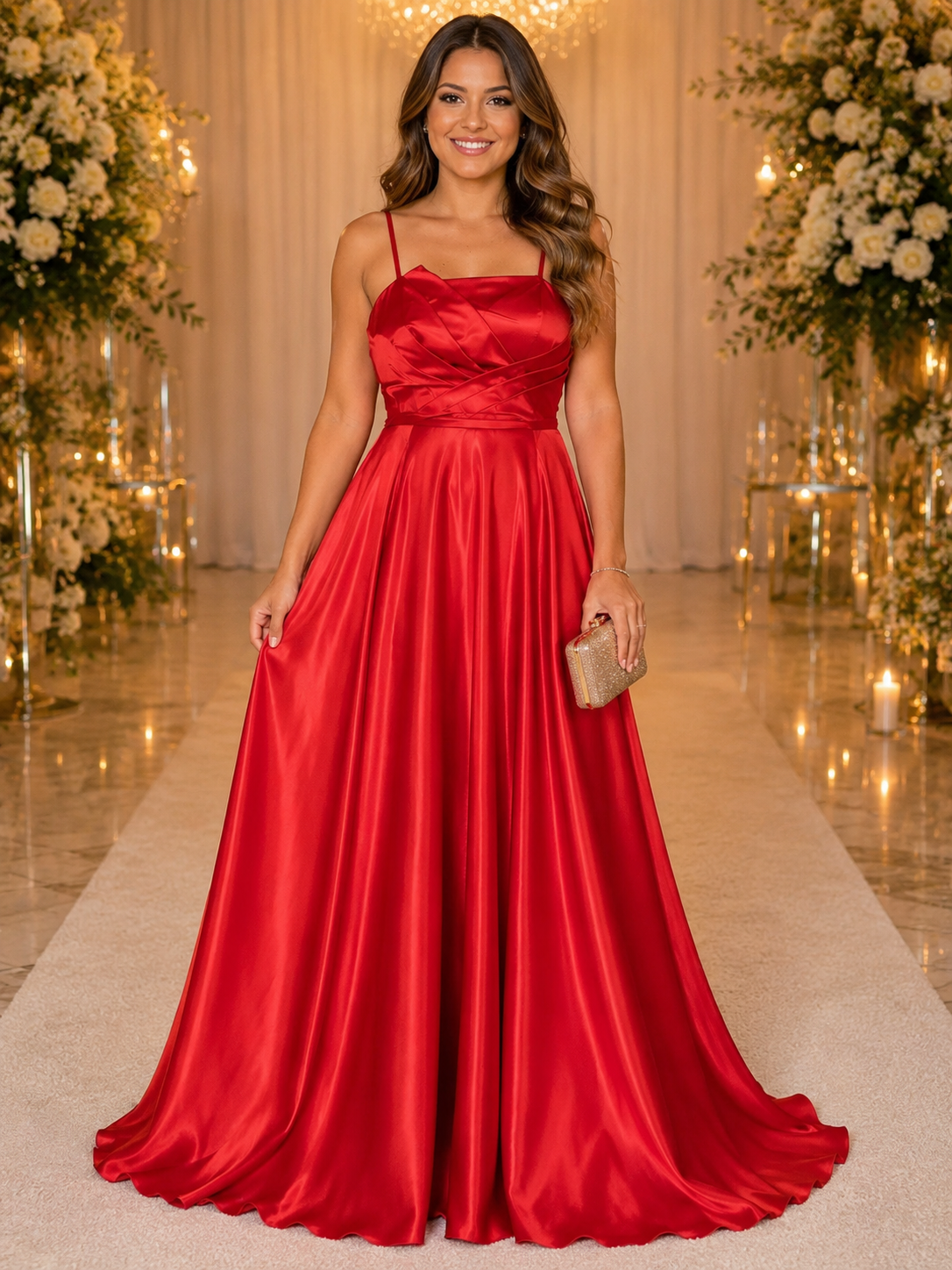 Vestido Comprido em Cetim Vermelho