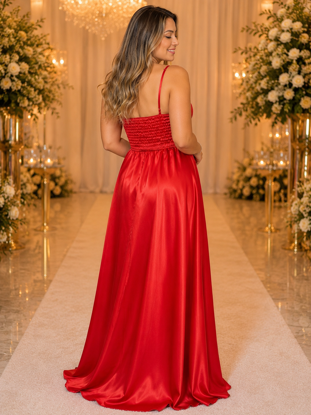 Vestido Comprido em Cetim Vermelho