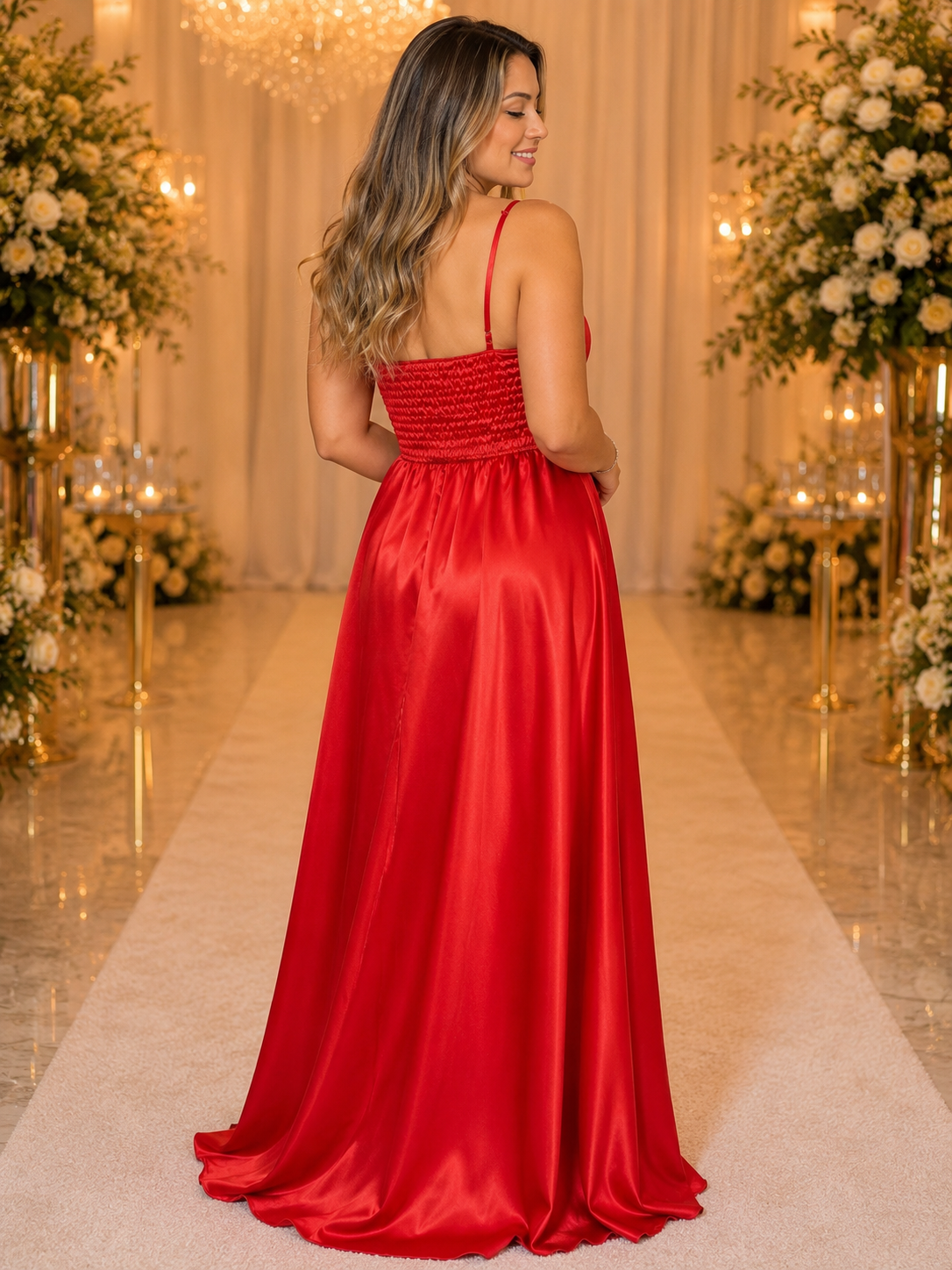 Vestido Comprido em Cetim Vermelho